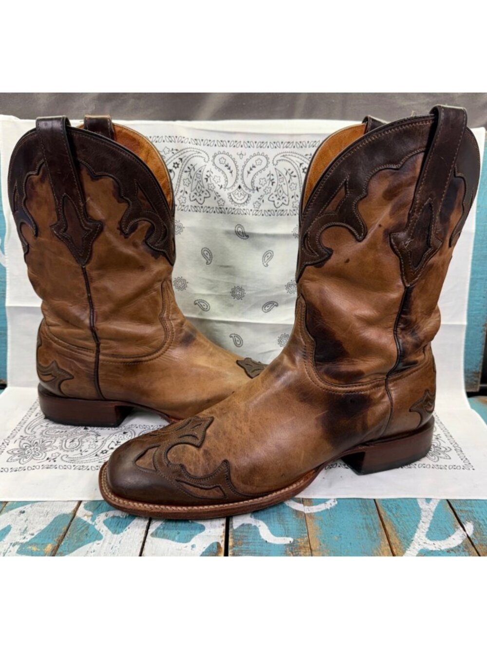 VTG Resistol Ranch By Lucchese Leather Inlay Square Toe Cowboy Boots Mens 10.5